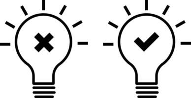 Light bulbs with check and cross marks, black and white icon , decision-making concept. design in modern style. Editable stroke. vector