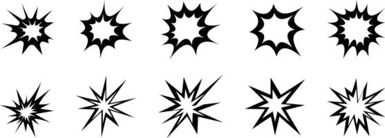 Set of eight black and white line icons of explosions, black and white icon , design in trendy style. action, and impact. vector