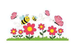 Magical Summer Scene with Pink Blooms and Pollinating Honeybees vector