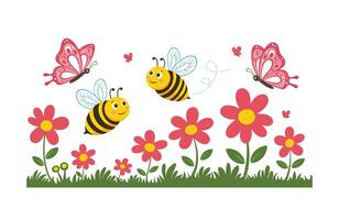 Spring Awakening with Bees Pollinating Flowers and Butterflies Dancing vector