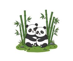 Bamboo jungle scene featuring two happy pandas enjoying nature together vector