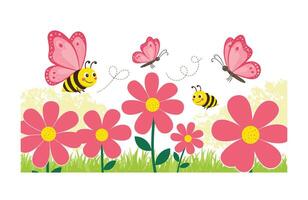 Cheerful Butterflies and Smiling Bees Enjoying a Beautiful Flower Field vector