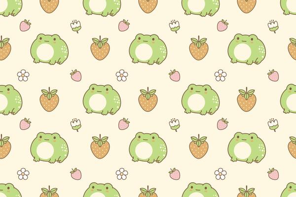 Adorable seamless pattern with green frogs strawberries and cute floral elements in pastel kawaii style