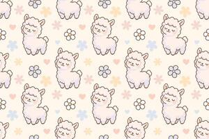 Cute standing alpaca seamless pattern with pastel flowers and hearts soft kawaii design for children prints and fabric vector