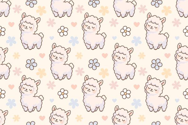 Cute standing alpaca seamless pattern with pastel flowers and hearts soft kawaii design for children prints and fabric