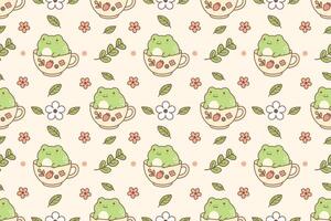 Seamless kawaii pattern with cute green frogs sitting in teacups with leaves and flowers in soft pastel tones vector