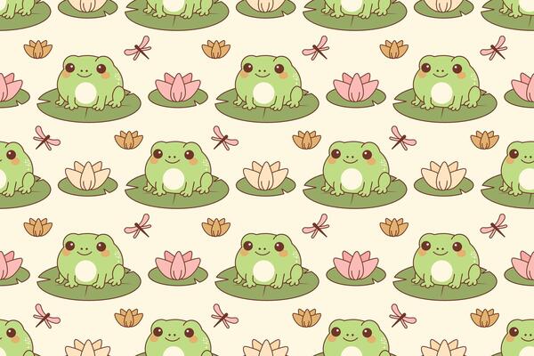 Seamless kawaii frog pattern with lily pads, lotus flowers and dragonflies in pastel green and pink