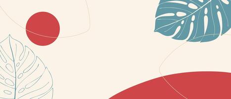 Bright banner template, red and blue, summer vibe. Empty space for insertion. Smooth boho shapes and palm leaves. vector