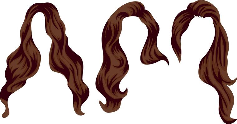 set of three templates of long brown female hair, for female characters