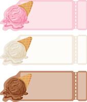 set of templates of various colors with ice cream cones in a waffle cone with different flavors vector