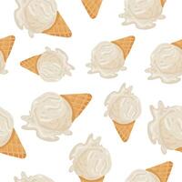seamless pattern with an icon of a waffle cup with a scoop of white vanilla ice cream melting, for various summer designs vector