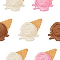 pattern with various ice creams of different flavors and colors in waffle cones, for various summer designs vector