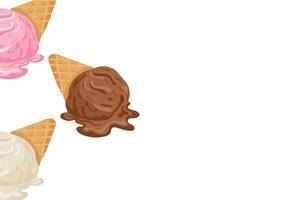 poster template with various ice cream with different flavors in a waffle cone placed on the left side, for various summer designs vector