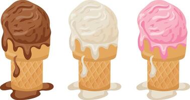 set of assorted ice creams of different flavors and colors in square waffle cups, for various summer designs vector
