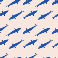 Seamless Pattern of Blue Shark Silhouettes on Beige. Blue shark silhouettes on a light beige background. The repetitive design is ideal for ocean themed projects and textiles vector