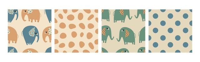 Cute Elephant and Polka Dot Seamless Patterns Set. vector