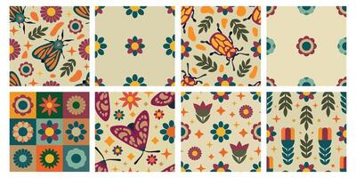Vintage Insect and Floral Seamless Pattern Set. Includes butterflies, beetles, and floral elements in a retro style. vector