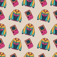 Retro Seamless Pattern with Colorful Jackets and Game Consoles. 90s style vector