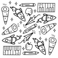 A black and white drawing of a rocket and other items vector