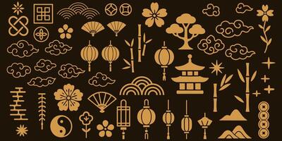 Collection of stylized chinese traditional elements featuring cultural icons and decorative motifs in a flat design style vector