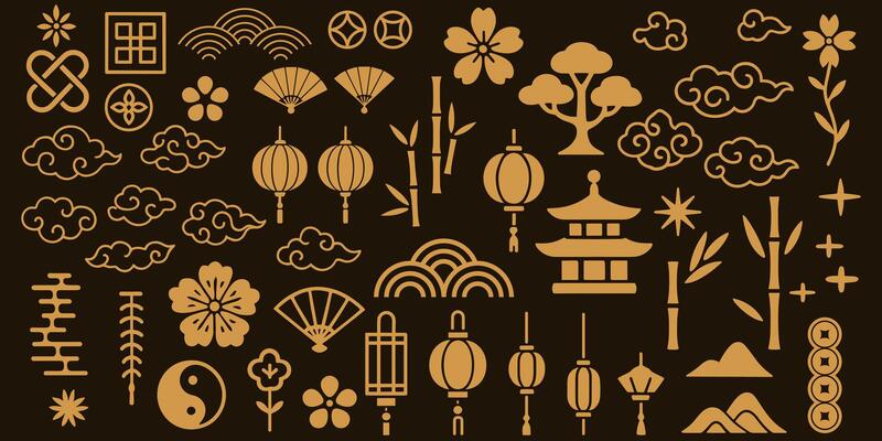 Collection of stylized chinese traditional elements featuring cultural icons and decorative motifs in a flat design style