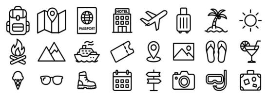 Essential vacation preparation symbolized in a crisp, simple set of outline icons. Discover planning journey vector