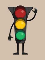 Cartoon-style traffic light character with a hand waving vector