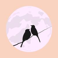 Two birds in love silhouette against moon background vector