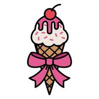 Cute Ice Cream Cone with Bow and Cherry Cartoon Illustration vector