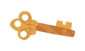 magical golden key with wood drawings. Flat color illustration of an isolated object. The key that opens all the doors. Gold, copper, wooden. Turns into any key vector