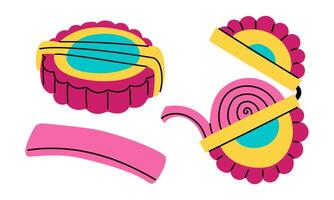 set of chewing gum in a roll. package with a long strip of chewable candy is open. Insulated pink chewing gum. Bright flat color doodle illustration. Isolated on white. Chewing gum of the 90s, 2000s vector