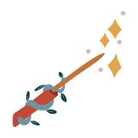 magic colored wand with stars. It's magical, wooden, overgrown with foliage. projects in genre of fantasy and magic. It can be used in books, games, illustrations, and other materials related to magic vector