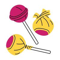 Pink chupa chups, lollipop. Flat color illustration of group of candies on sticks. Candy in and out of the package. Open, closed. illustration. Bright yellow, pink. Sweets of 90s, 2000s. Retro vector