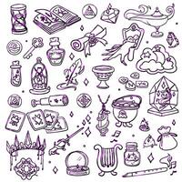 set of curly purple magic items for witch in doodle style. variety of magical items. Iridescent color. Suitable for fantasy projects, books, games, artwork related to magic, alchemy, mystical rituals vector