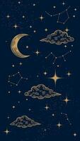 Starry night sky vertical background. Bright golden moon, stars, clouds and constellations wallpaper. Vertical Space backdrop. Dark Sky with shiny stars, Illustration. vector
