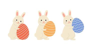 Cute rabbit holding Easter egg set. Easter holiday. Cartoon flat illustration vector