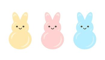 Marshmallow peeps, Easter bunnies different colors set. Small cute colorful rabbit candy. Collection sweet confectionery illustration vector