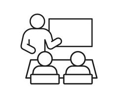Teacher speech in school class with audience spectator schoolchild, line icon. Speaker leads lesson at blackboard. illustration vector
