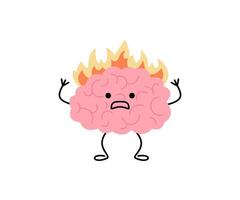 Brain with fire, burnout on stress, cute child character. Intense brain activity from overwork, tension, multitasking. illustration vector