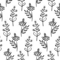 Seamless black and white floral doodle pattern featuring hand-drawn wildflowers and botanical elements - ideal for coloring books, textile design, scrapbooking, and creative crafts. vector
