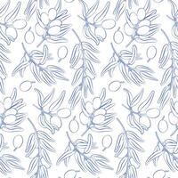 Seamless pattern of hand-drawn olive branches and fruits in blue line art style, botanical Mediterranean background for packaging, textiles, wrapping paper, wallpapers, and organic branding vector