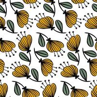 Seamless floral pattern with hand-drawn mustard yellow flowers and green leaves on white background, perfect for fabric, stationery, surface design, wrapping paper, kids decor, and prints vector