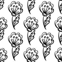 Seamless black and white floral pattern with hand-drawn blossoms and leaves - perfect for coloring pages, digital papers, fabric printing, and elegant monochrome surface design. vector