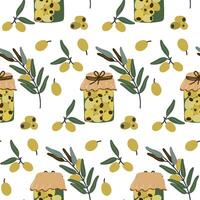 Seamless pattern with hand-drawn jars of pickled olives, olive branches, and fruits - rustic Mediterranean food motif for kitchen decor, fabric prints, packaging, and culinary design projects. vector