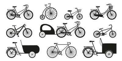 Bicycle set of black silhouette elements and icons. Retro, children's, mountain, cargo and city bikes in simple flat style vector