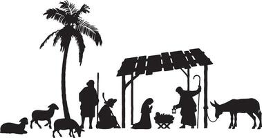 Nativity Scene Silhouette with Stable Palm Tree and Animals. vector
