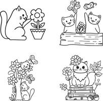 Cute Cats with Flowers and Butterflies Collection. vector