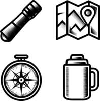 Set of 4 Camping Essentials Icons, Flashlight, Map, Compass, Thermos vector
