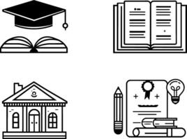Set of 4 Education Icons, Graduation Cap, Open Book, School Building, Diploma with Books vector
