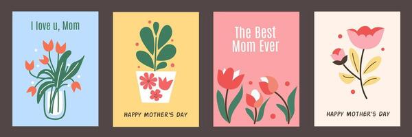 Set of Happy Mother's day greeting card with beautiful blossom , flowers frame on colorful background. Creative spring card template with typography text. Happy Women's Day illustration. vector